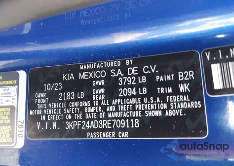 2024 Kia Forte Lxs z USA, uszkodzony, nr VIN 3KPF24AD3RE709118